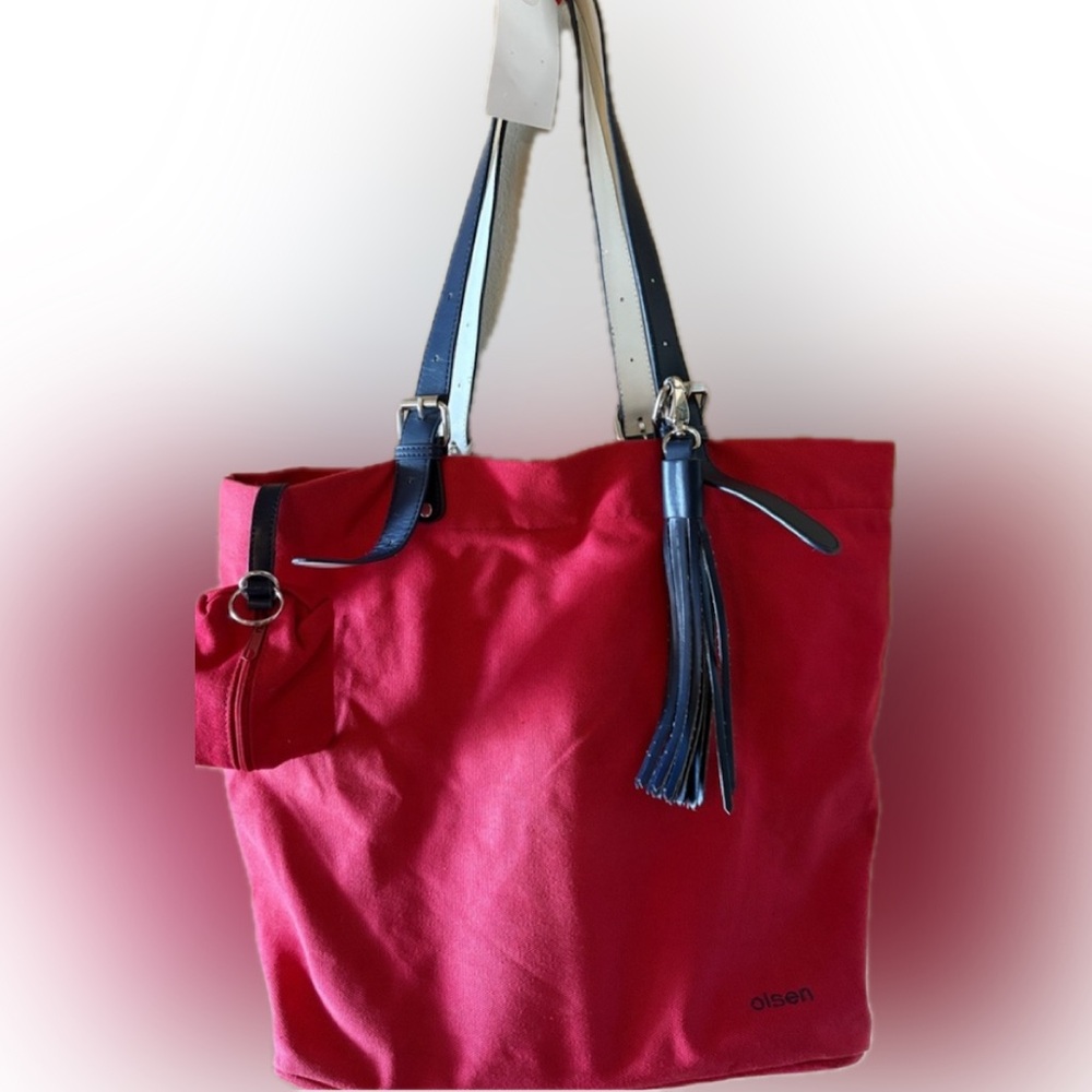 Olsen Europe Red Canvas Tote Bag with Blue Straps